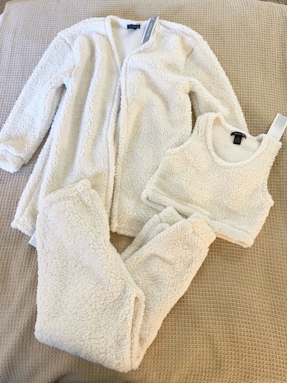 Cute White Plush fur teddy warm comfy Lounge top pants cardigan loungewear set